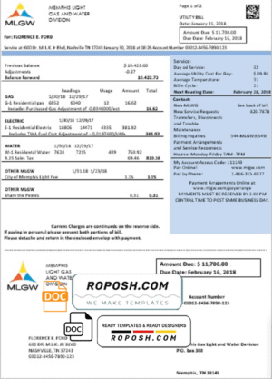 USA Tennessee MLGW utility bill template in Word and PDF format