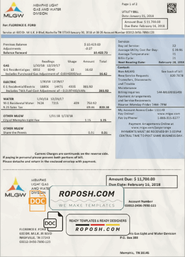 USA Tennessee MLGW utility bill template in Word and PDF format