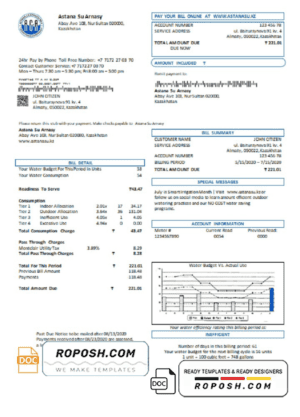Kazakhstan Astana Su Arnasy utility bill template in Word and PDF format (.doc and .pdf)