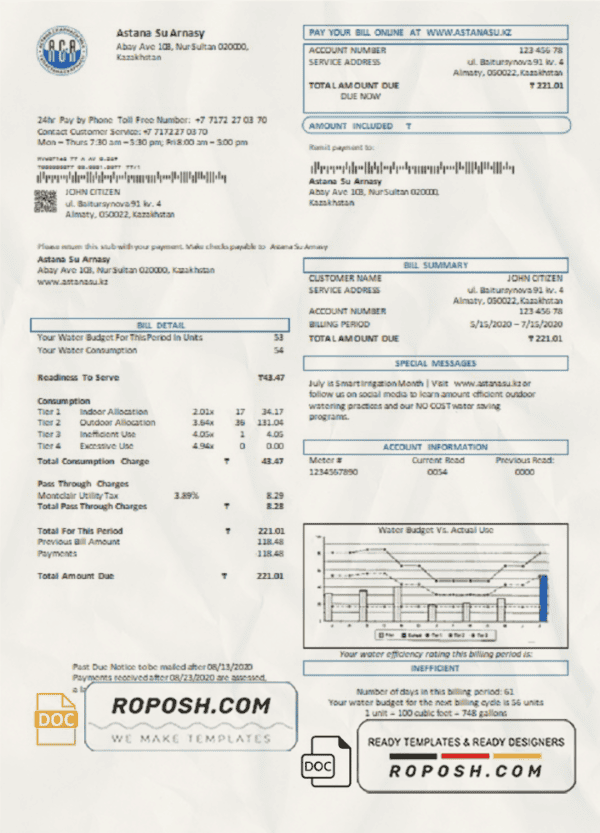 Kazakhstan Astana Su Arnasy utility bill template in Word and PDF format (.doc and .pdf)