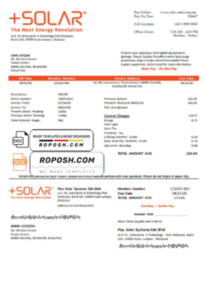 Malaysia Plus Solar Systems Sdn Bhd utility bill template in Word and PDF format