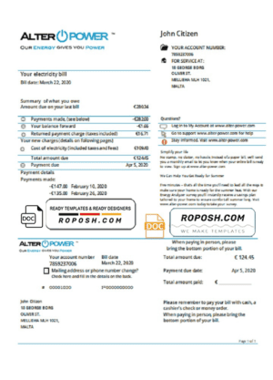 Malta AlterPower Malta proof of address utility bill template in Word and PDF format