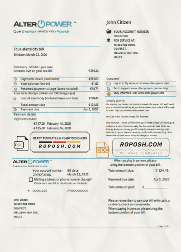 Malta AlterPower Malta proof of address utility bill template in Word and PDF format