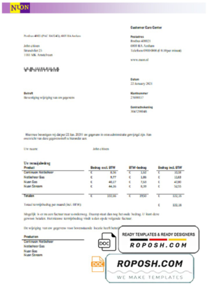Netherlands NUON gas utility bill template in Word and PDF format in Dutch language