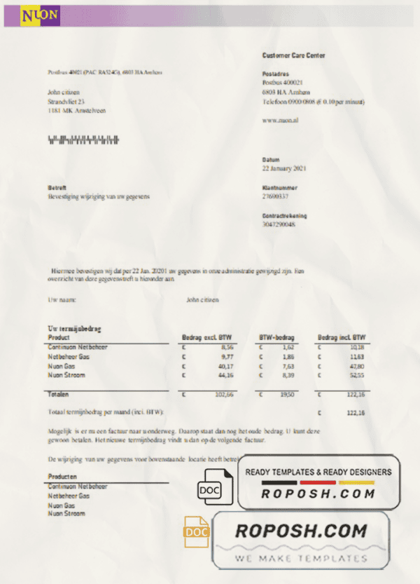 Netherlands NUON gas utility bill template in Word and PDF format in Dutch language