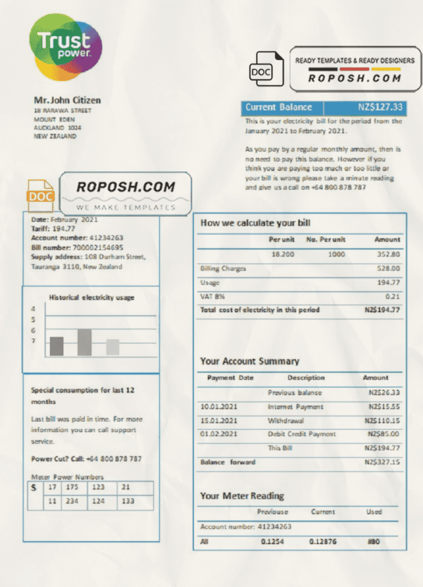 New Zealand Trustpower utility bill template in Word and PDF format