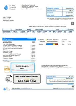 Norway Clean Energy Invest AS utility bill template in Word and PDF format, good for address prove