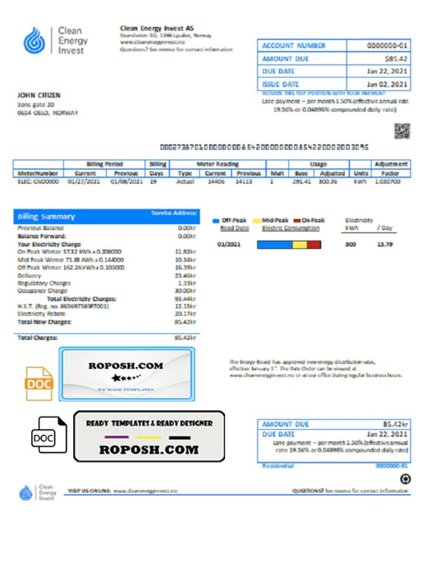 Norway Clean Energy Invest AS utility bill template in Word and PDF format, good for address prove