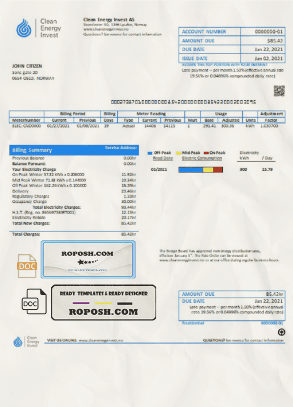 Norway Clean Energy Invest AS utility bill template in Word and PDF format, good for address prove
