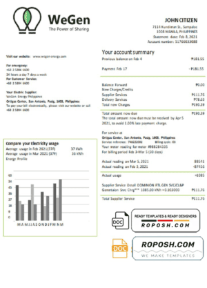 Philippines WeGen Energy Philippines utility bill template in Word and PDF format