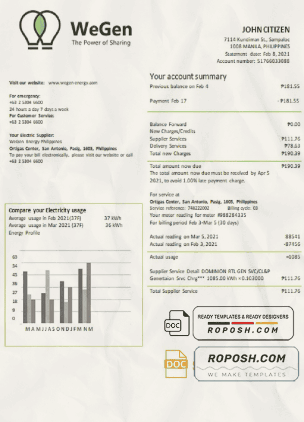 Philippines WeGen Energy Philippines utility bill template in Word and PDF format