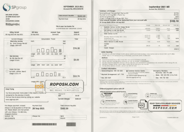 Singapore SP Group utility bill template in Word and PDF format (2 pages)