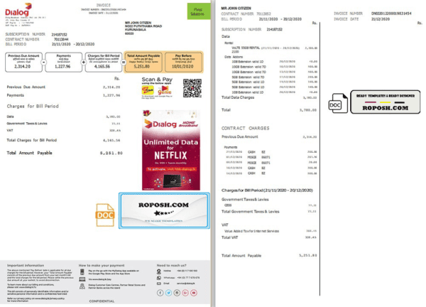 Sri Lanka Dialog utility bill template in Word and PDF format (2 pages)