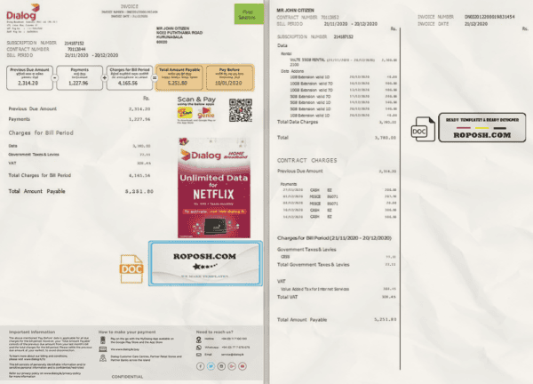 Sri Lanka Dialog utility bill template in Word and PDF format (2 pages)