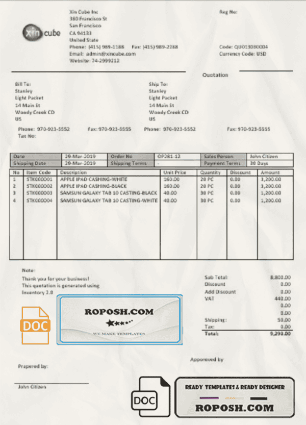 USA San Francisco Xincube utility bill template in Word and PDF format