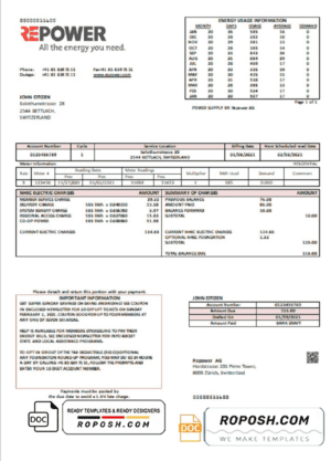 Switzerland Repower AG utility bill template, fully editable in Word and PDF format