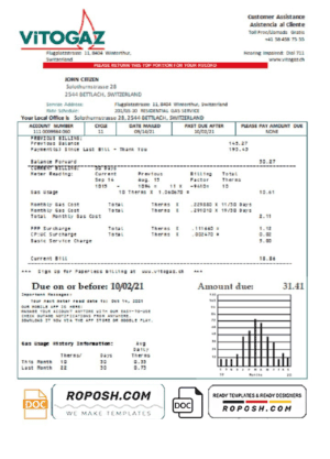 Switzerland Vitogaz Switzerland AG utility bill template, fully editable in Word and PDF format