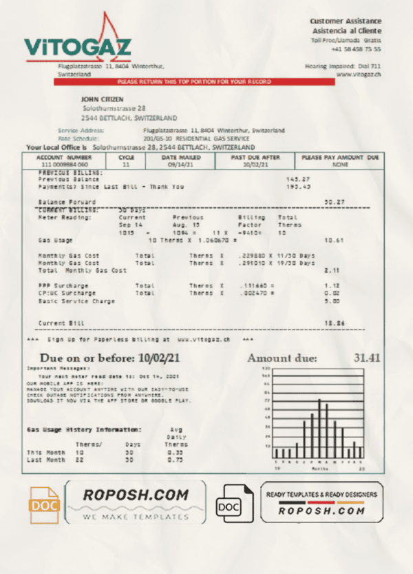 Switzerland Vitogaz Switzerland AG utility bill template, fully editable in Word and PDF format