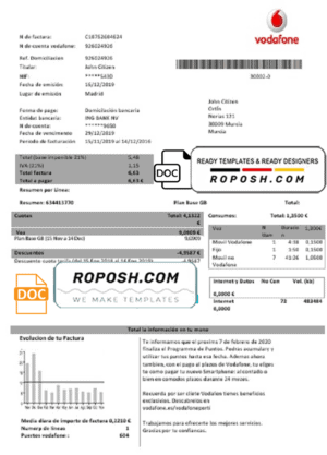 Spain Vodafone telecommunications utility bill template in Word and PDF format