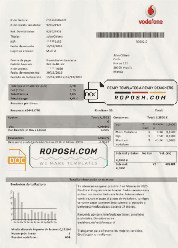 Spain Vodafone telecommunications utility bill template in Word and PDF format