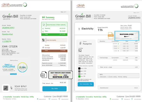 United Arab Emirates Dubai Electricity & Water Authority utility bill template in Word and PDF format (4 pages)