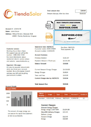 Uruguay TiendaSolar utility bill template in Word and PDF format