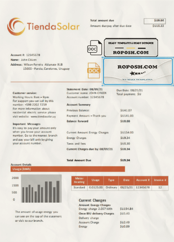 Uruguay TiendaSolar utility bill template in Word and PDF format