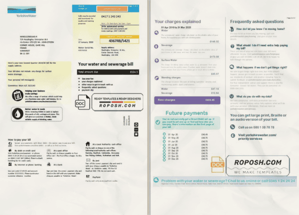 United Kingdom Yorkshire water utility bill template in Word and PDF format (2 pages)