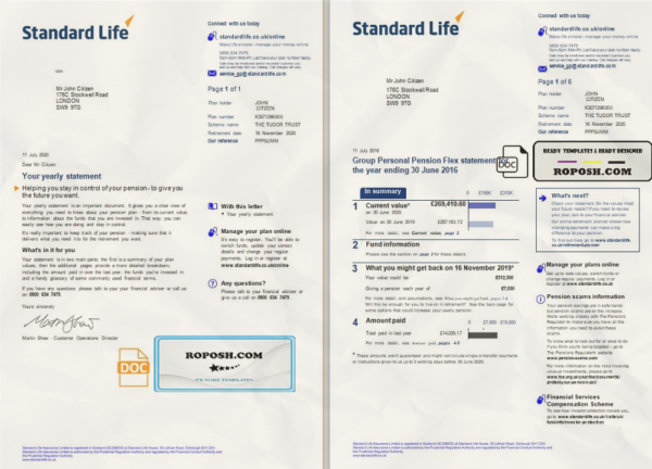 United Kingdom Standard Life utility bill template in Word and PDF format, 7 pages scan effect