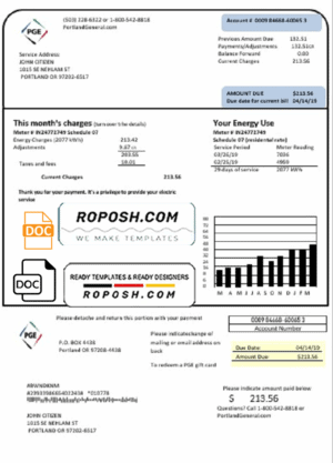 USA Oregon PGE electricity utility bill template in Word and PDF format