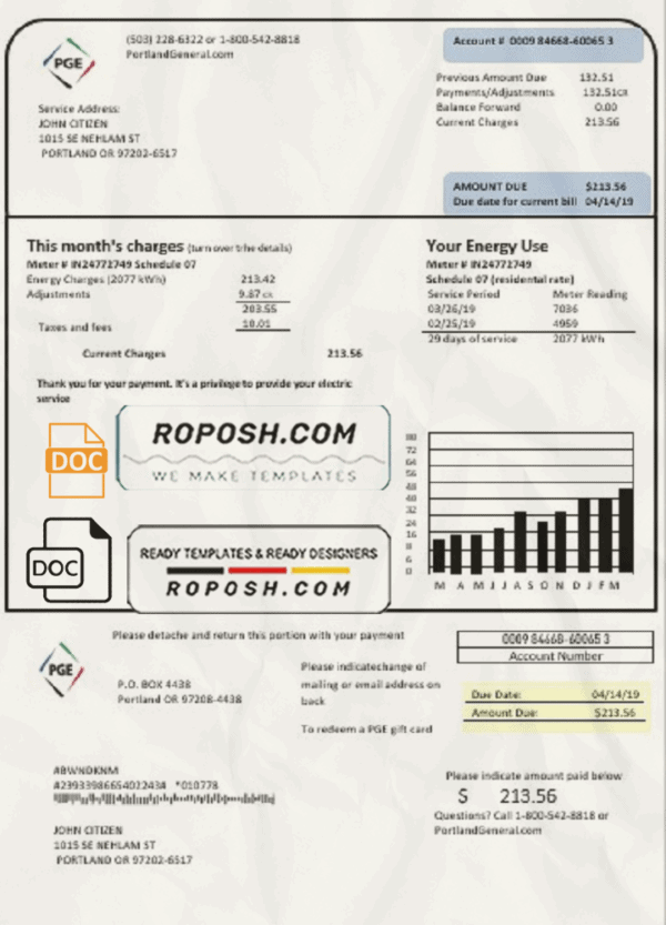 USA Oregon PGE electricity utility bill template in Word and PDF format