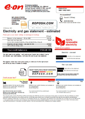 United Kingdom E.ON utility bill template in Word and PDF format, version 3