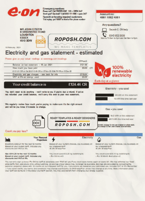 United Kingdom E.ON utility bill template in Word and PDF format, version 3