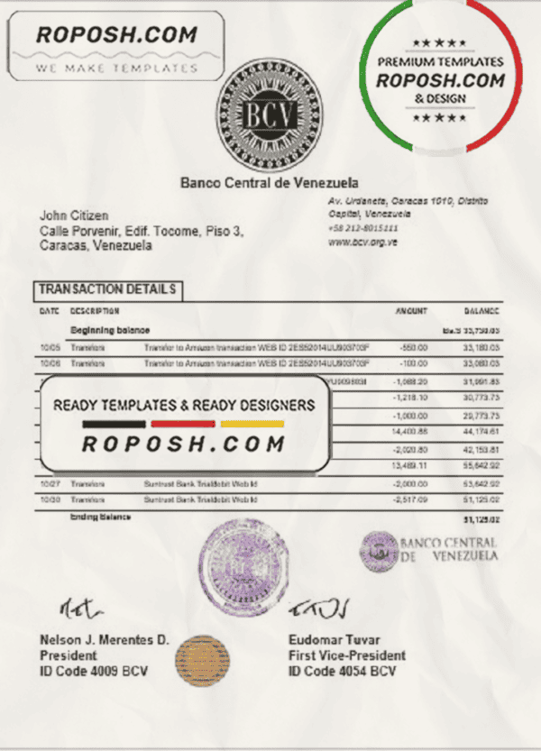 Venezuela Banco Central de Venezuela bank statement easy to fill template in Word and PDF format