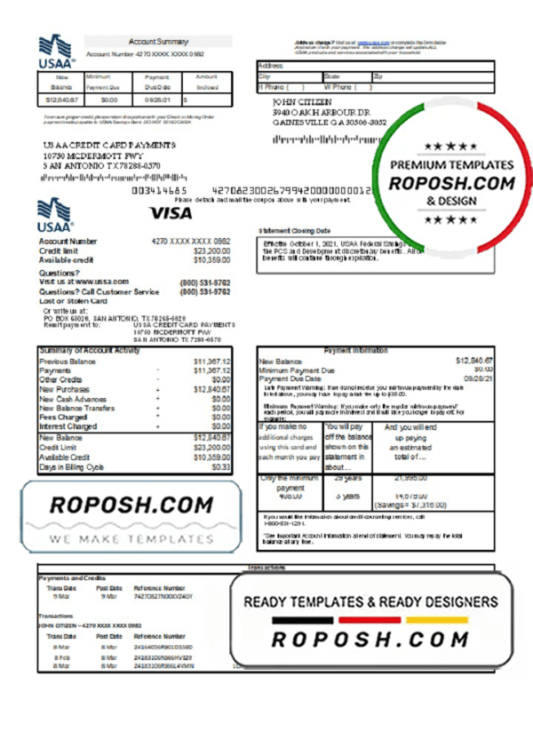 USA USAA bank Credit card statement template in Excel and PDF format