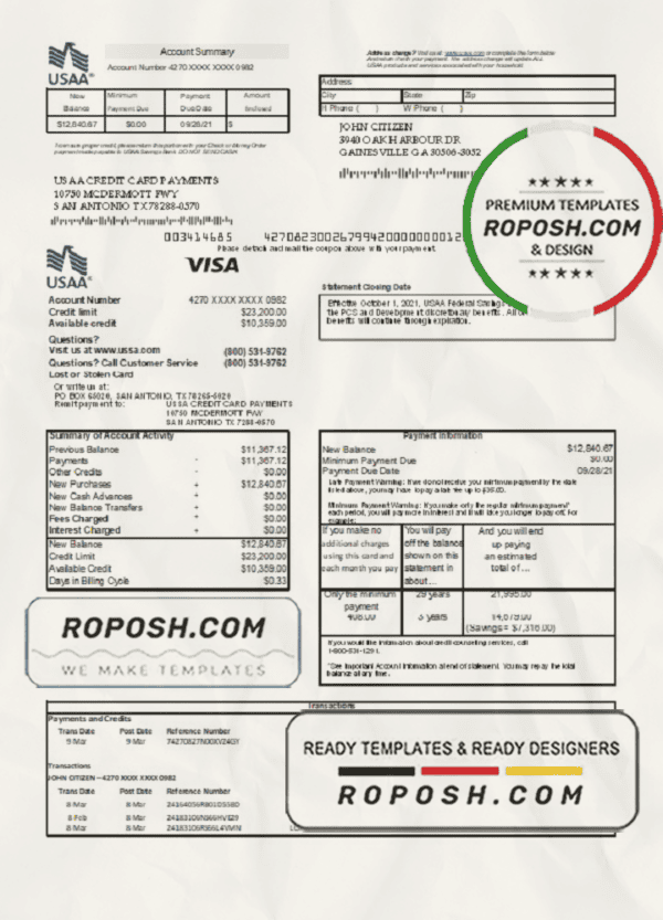 USA USAA bank Credit card statement template in Excel and PDF format