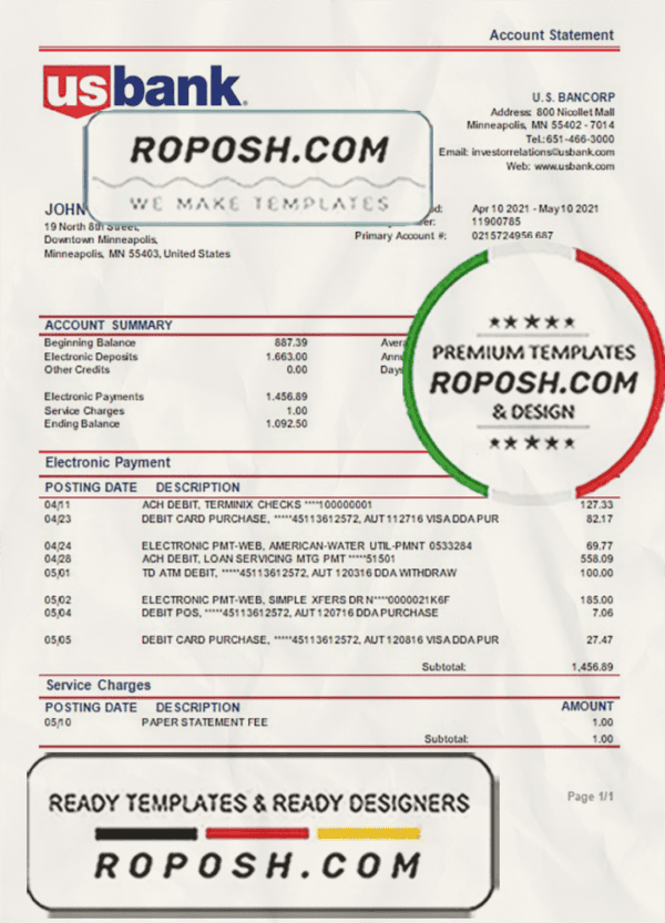 USA Bancorp bank proof of address statement template in Word and PDF format