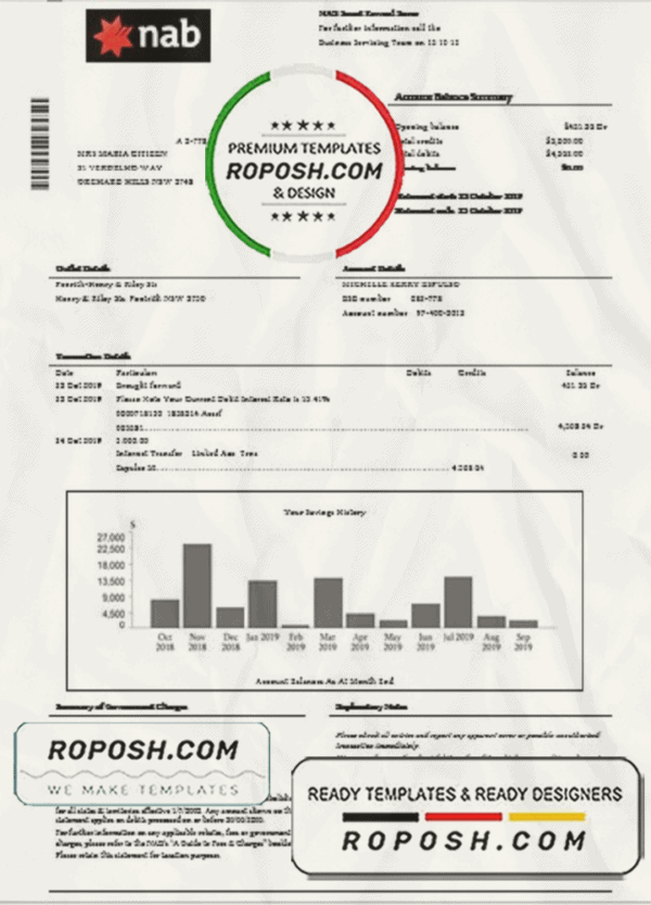 USA NAB bank statement template in Word and PDF format