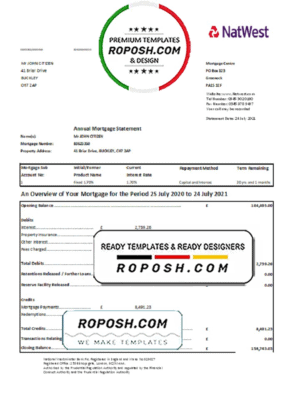 United Kingdom NatWest bank statement template in .xls and .pdf file format
