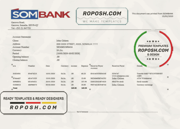 Somalia Sombank bank statement template in Word and PDF format