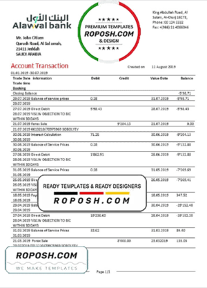 Saudi Arabia Alawwal Bank statement template in Word and PDF format, good for address prove
