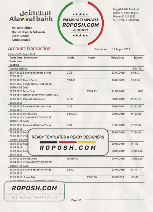 Saudi Arabia Alawwal Bank statement template in Word and PDF format, good for address prove