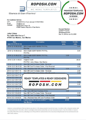 San Marino Banca di San Marino bank statement template, Word and PDF format (.doc and .pdf)
