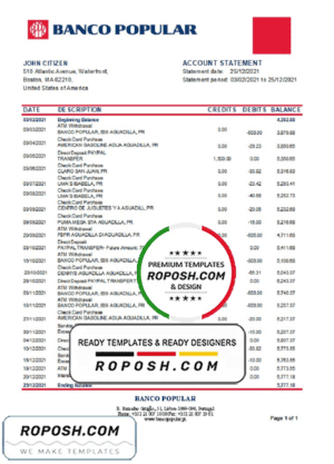 Portugal Banco Popular bank statement template in Excel and PDF format, .xls and .pdf format