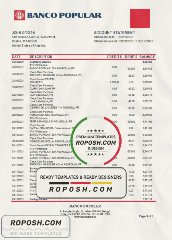 Portugal Banco Popular bank statement template in Excel and PDF format, .xls and .pdf format