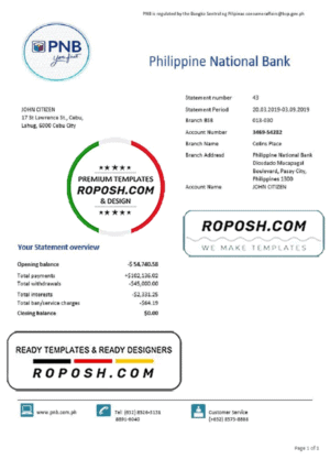 Philippines National Bank (PNB) proof of address bank statement template in Word and PDF format