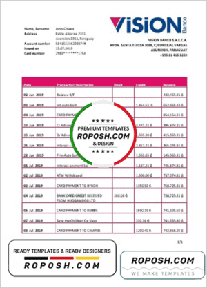 Paraguay Vision Banco bank statement template in Word and PDF format