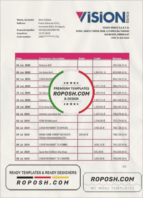 Paraguay Vision Banco bank statement template in Word and PDF format