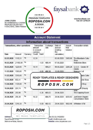 Pakistan Faysal bank statement template in Word and PDF format
