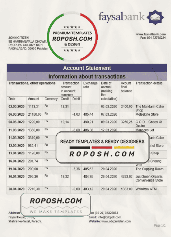 Pakistan Faysal bank statement template in Word and PDF format